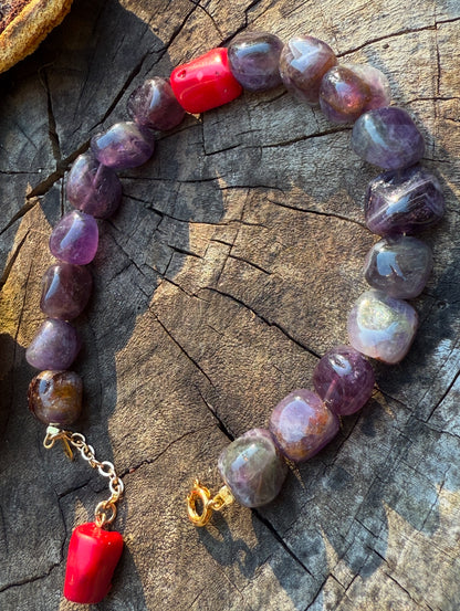 Amethyst - Natural Coral Bracelet With Coral Charm