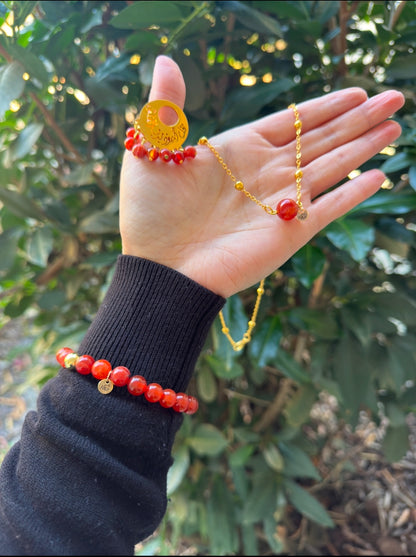 ** Sold Out** CHRISTMAS DEAL WHOLE SET🎄🎁 Red Agate Bracelet-Necklace-Ring With Plated 18 Gold