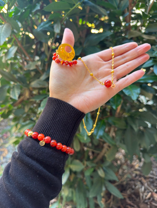 ** Sold Out** CHRISTMAS DEAL WHOLE SET🎄🎁 Red Agate Bracelet-Necklace-Ring With Plated 18 Gold