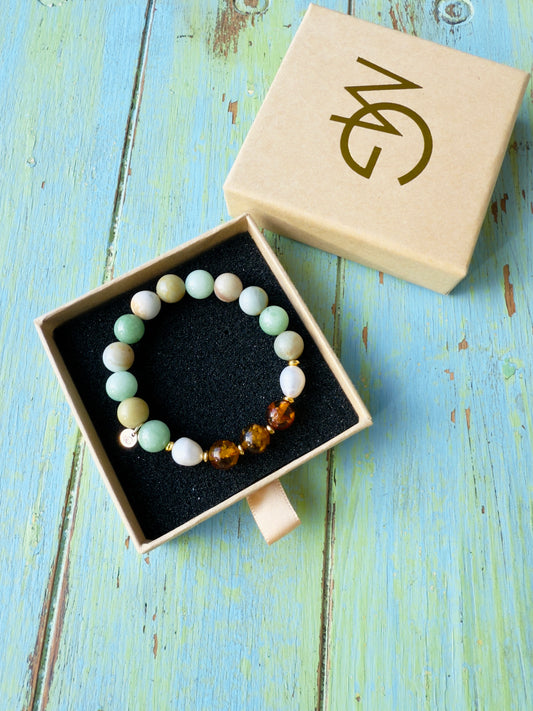 Amazonite - Freshwater Pearl - Natural Amber Bracelet