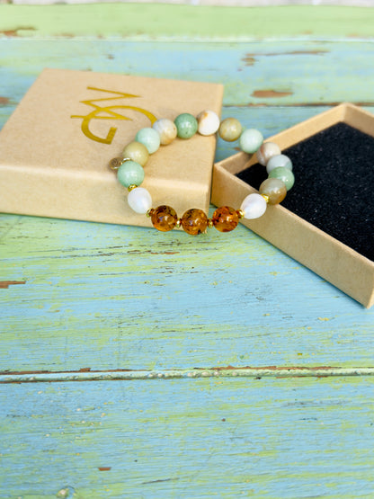 Amazonite - Freshwater Pearl - Natural Amber Bracelet