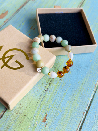 Amazonite - Freshwater Pearl - Natural Amber Bracelet