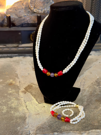 Cultured Pearl-Coral-Amber-Amethyst Jewelry Set