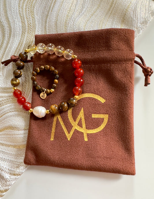 Red Agate-Citrine-Tiger Eye- Natural Pearl Bracelet + Tiger Eye Ring