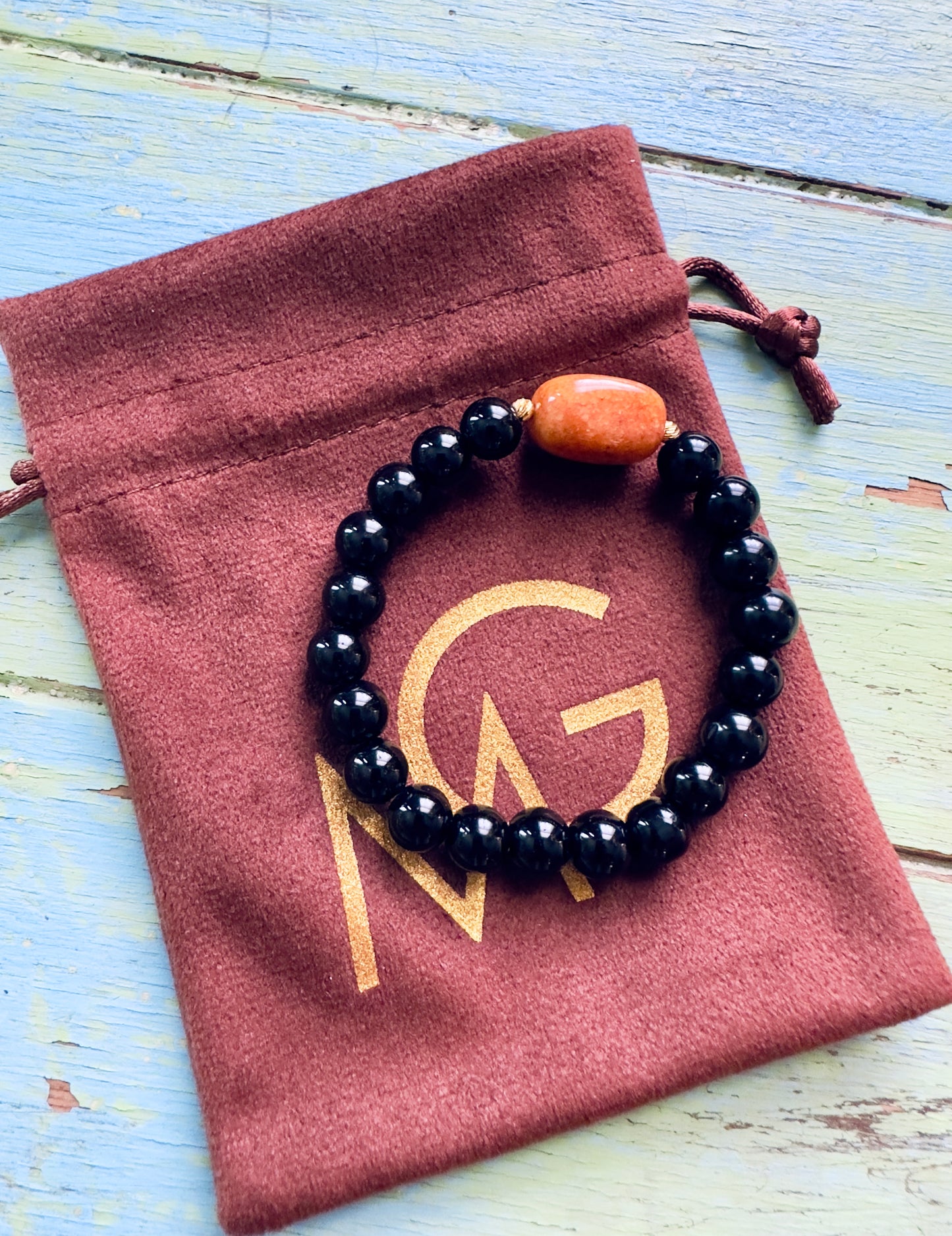 Black Agate-Raw Orange Quartz with 21-K golden spacers {Man+Woman Set}