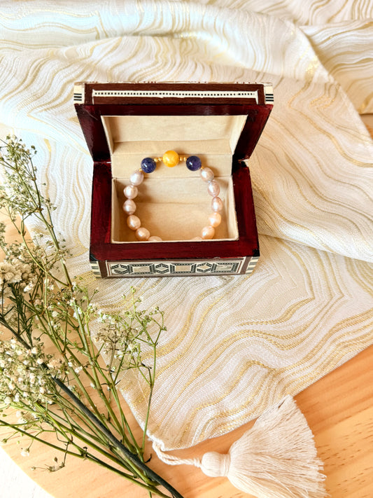 Orange and Purple Natural Pearl - Amethyst - Yellow Amber Bracelet