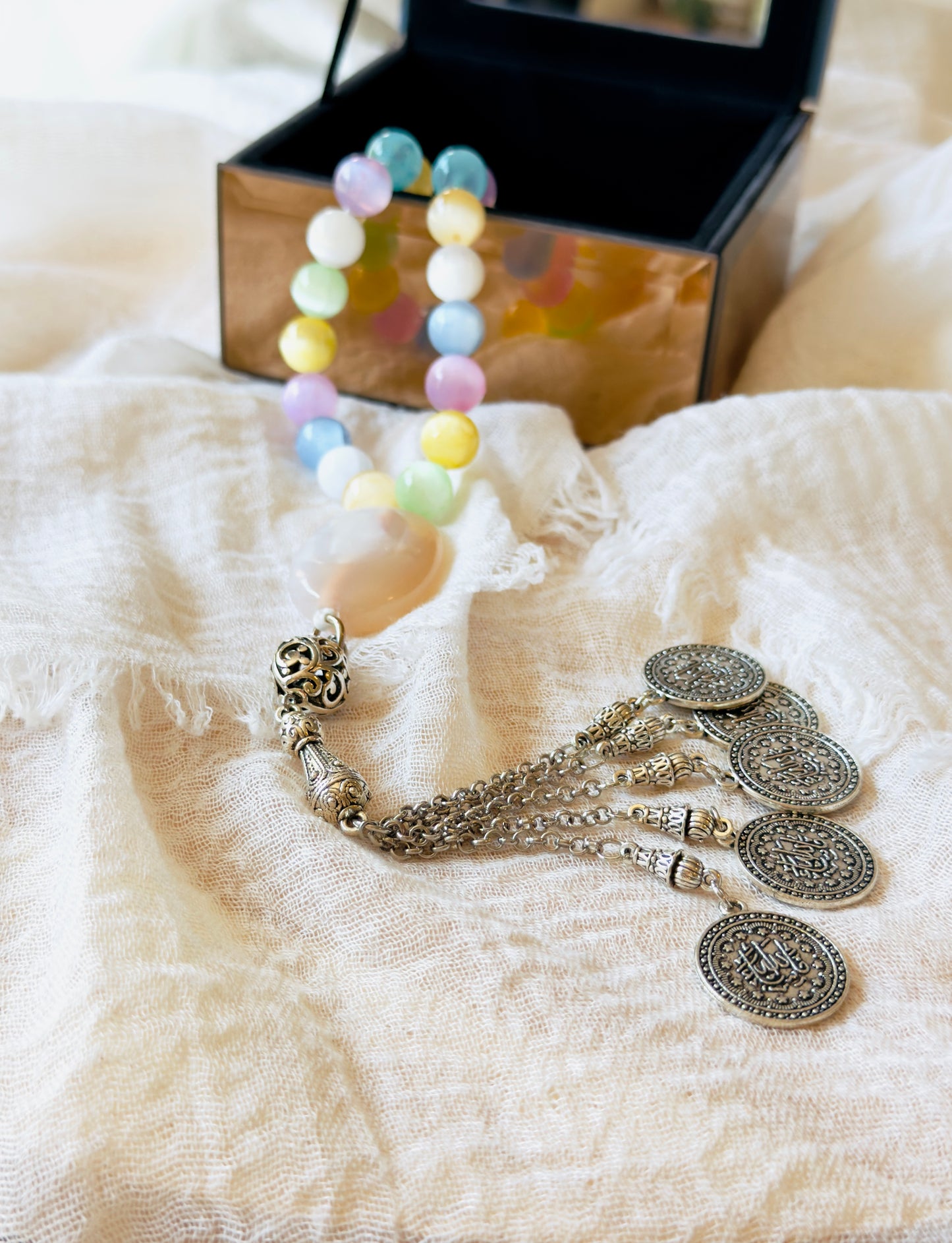 33-Bead Colored Selenite - Agate Misbaha with Charms