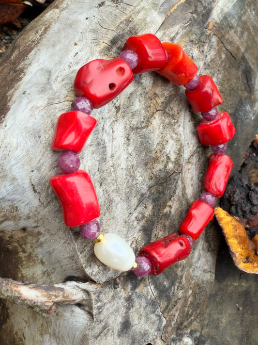 *The New Design Of 2025* Natural Coral-Ruby-Freshwater Pearl-Hematite Spacer Bracelet