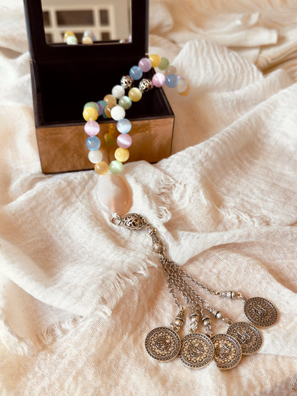 33-Bead Colored Selenite - Agate Misbaha with Charms