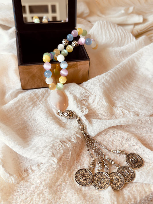 33-Bead Colored Selenite - Agate Misbaha with Charms