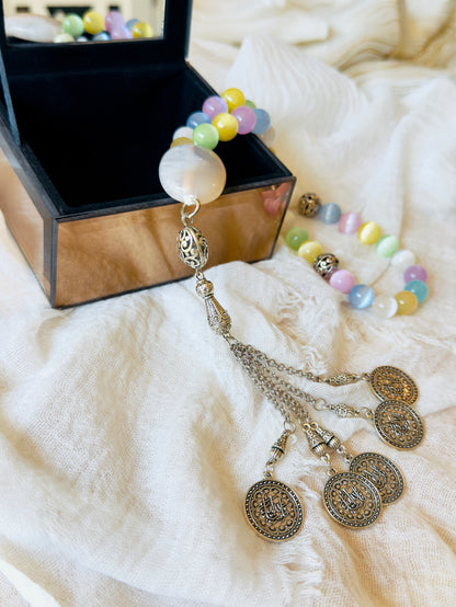 33-Bead Colored Selenite - Agate Misbaha with Charms