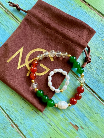 Pearl-Green Jade-Red Agate-Citrine Bracelet + Pearl Ring