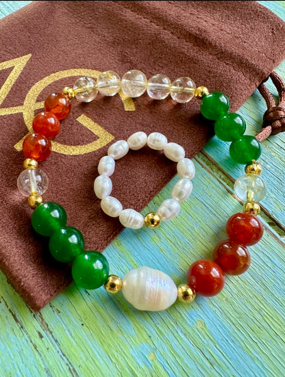 Pearl-Green Jade-Red Agate-Citrine Bracelet + Pearl Ring