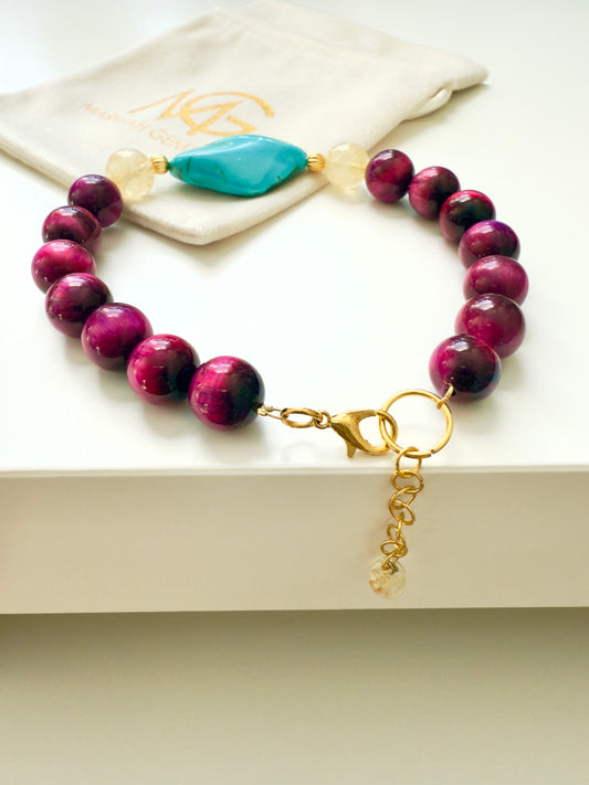 Pink Tiger Eye-Citrine-Turquoise Bracelet