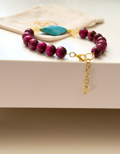 Pink Tiger Eye-Citrine-Turquoise Bracelet