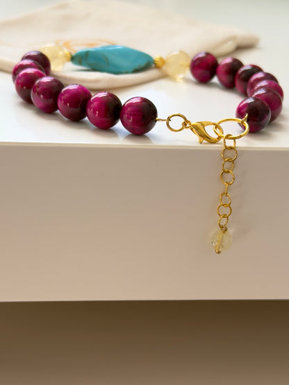Pink Tiger Eye-Citrine-Turquoise Bracelet