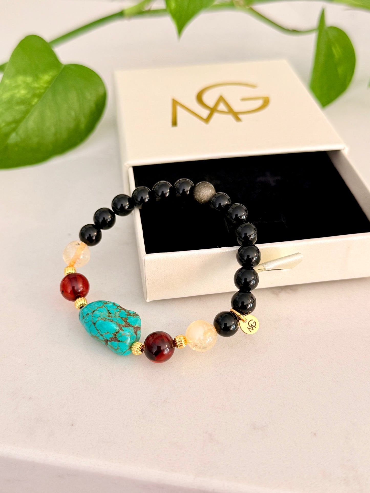 Black Obsidian - Citrine - Amber - Turquoise Bracelet
