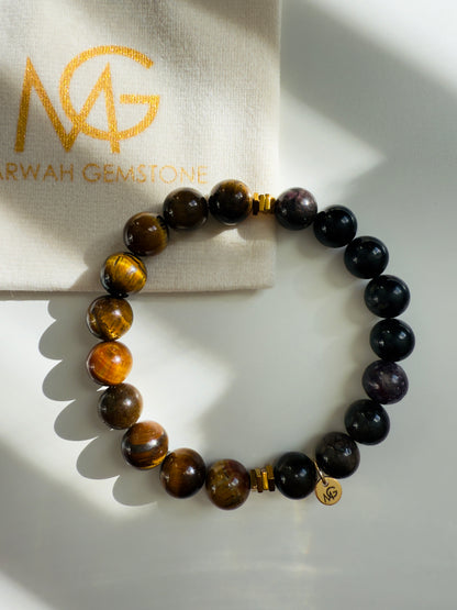 10mm Bead Size Tiger Eye-Black Tourmaline-Hematite Spacer Bracelet