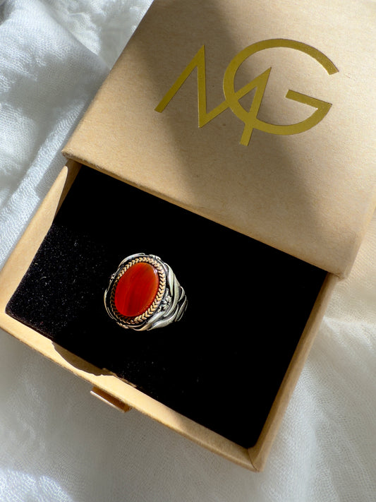 Men's Design Red Agate Ring Stirling Silver