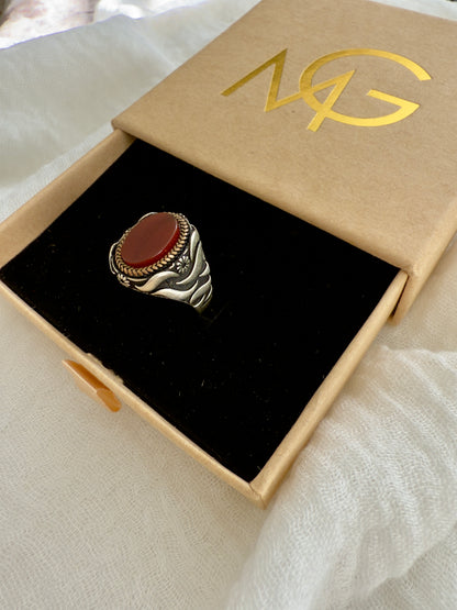 Men's Design Red Agate Ring Stirling Silver