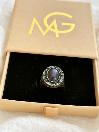 Men's Design Blue Agate Ring Stirling Silver