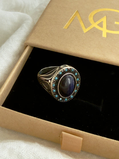 Men's Design Blue Agate Ring Stirling Silver