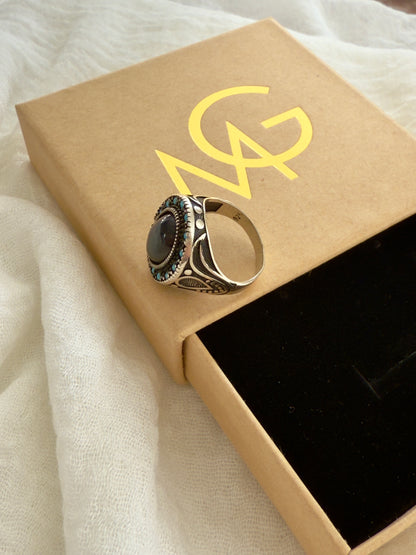 Men's Design Blue Agate Ring Stirling Silver