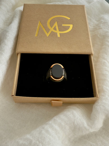**Sold Out** Men's Design Black Agate Ring Stirling Silver W/ Plated Rose Gold