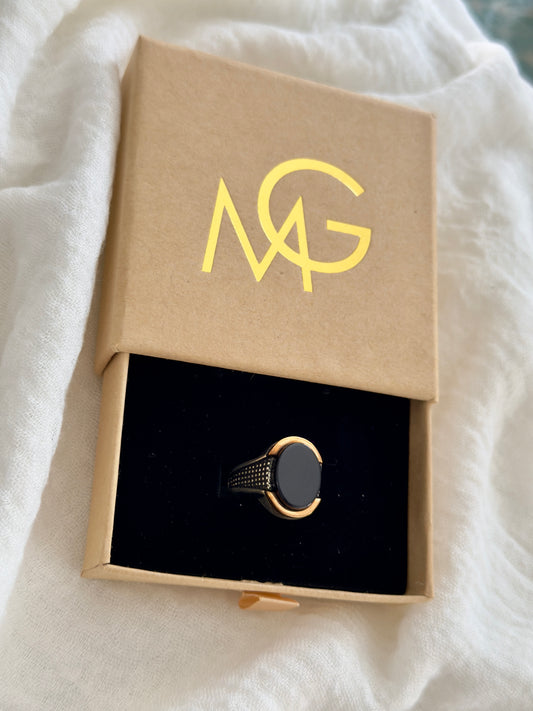 **Sold Out** Men's Design Black Agate Ring Stirling Silver W/ Plated Rose Gold