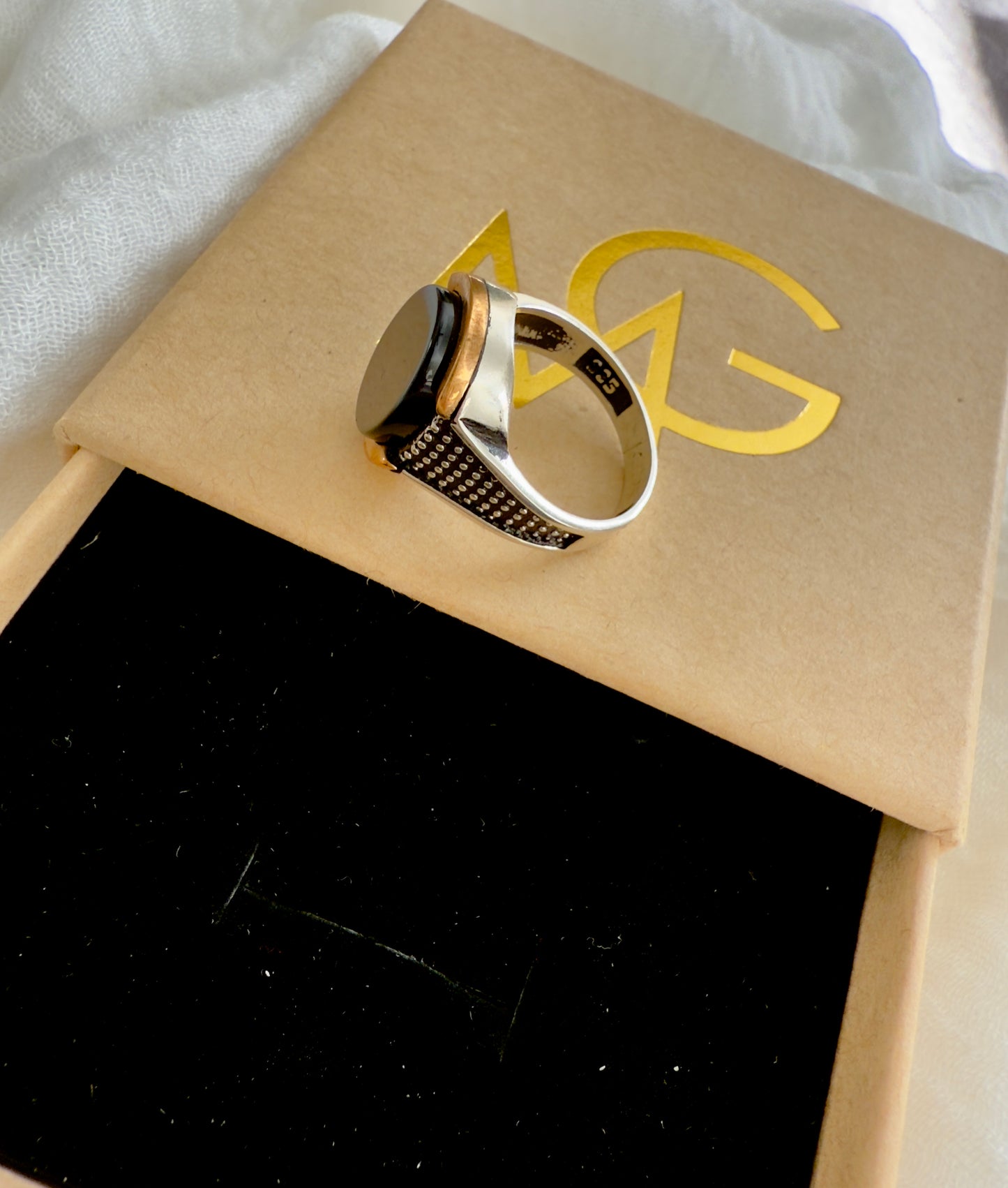 **Sold Out** Men's Design Black Agate Ring Stirling Silver W/ Plated Rose Gold