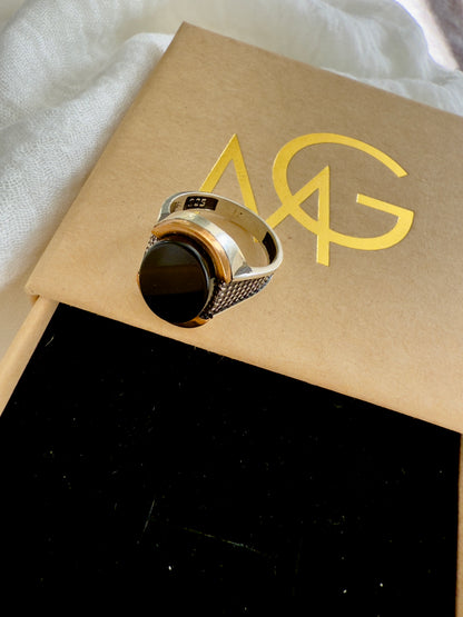 **Sold Out** Men's Design Black Agate Ring Stirling Silver W/ Plated Rose Gold