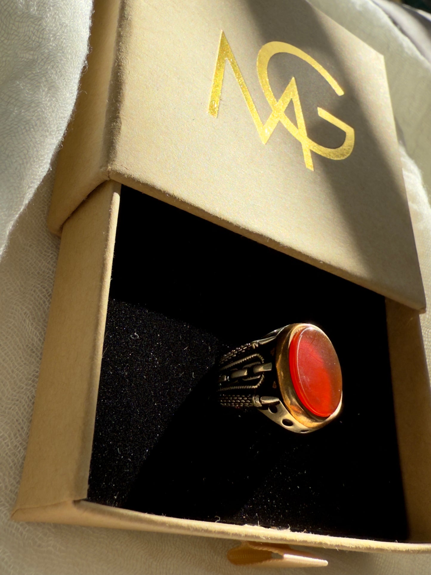 Men's Design Red Agate Ring W/ Stirling Silver