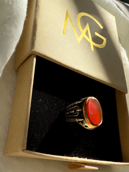 Men's Design Red Agate Ring W/ Stirling Silver