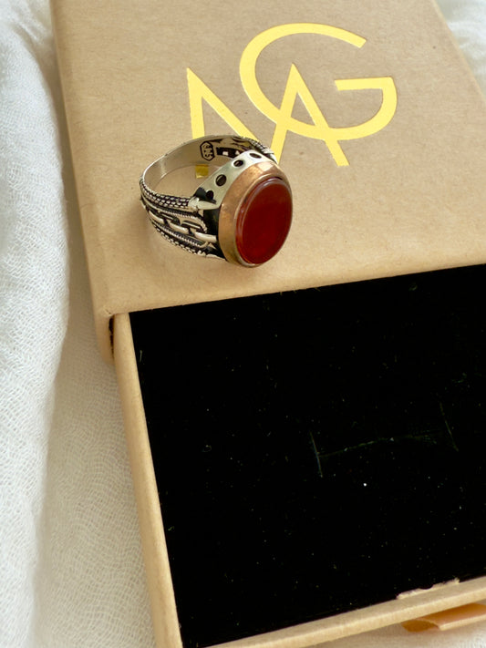 Men's Design Red Agate Ring W/ Stirling Silver