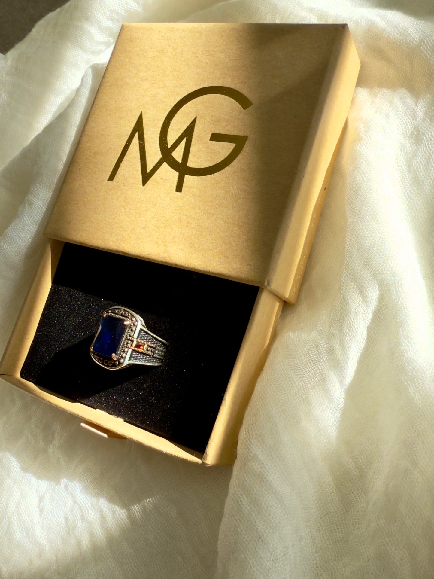 Handmade Men's Design Blue Crystal Ring Stirling Silver