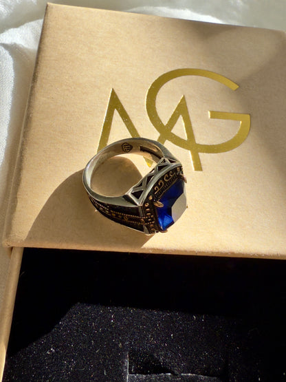 Handmade Men's Design Blue Crystal Ring Stirling Silver