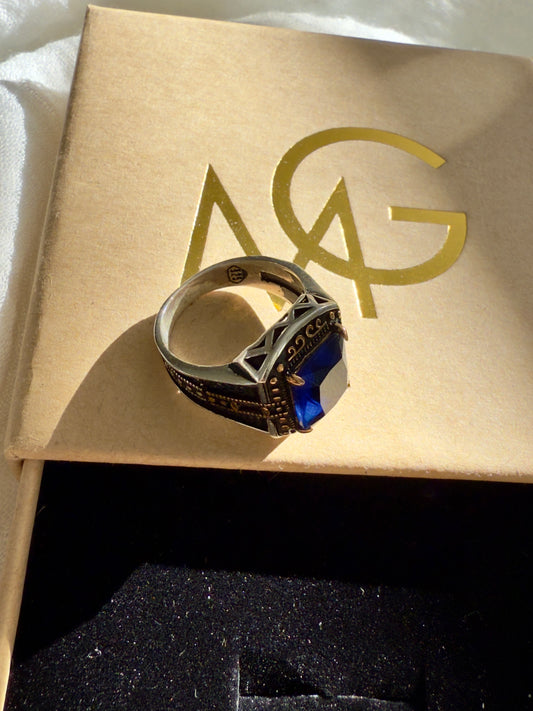 Handmade Men's Design Blue Crystal Ring Stirling Silver