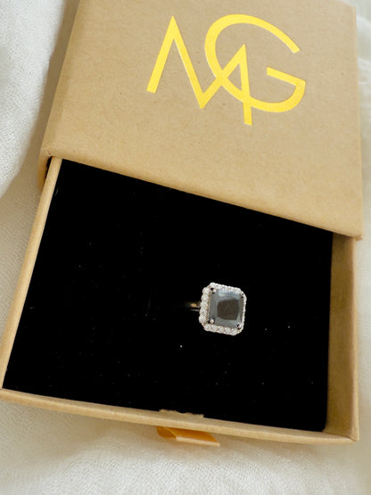 Woman's Design Black Crystal Ring Stirling Silver W/ Zircon