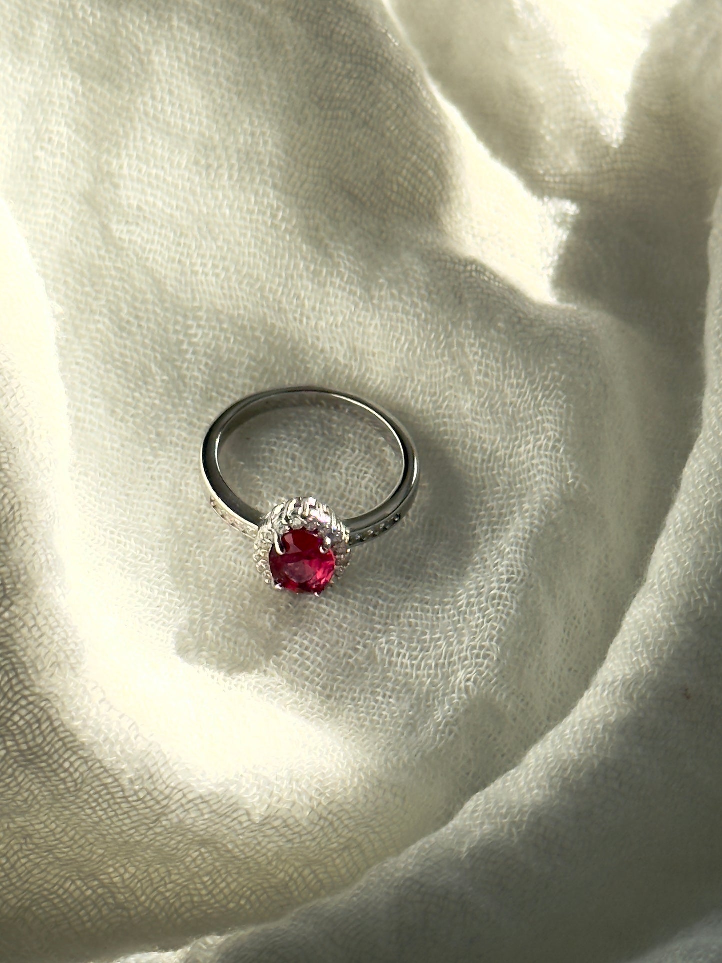 Woman's Design Red Crystal Ring Stirling Silver W/ Zircon