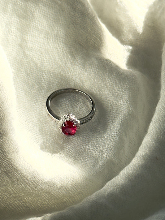 Woman's Design Red Crystal Ring Stirling Silver W/ Zircon