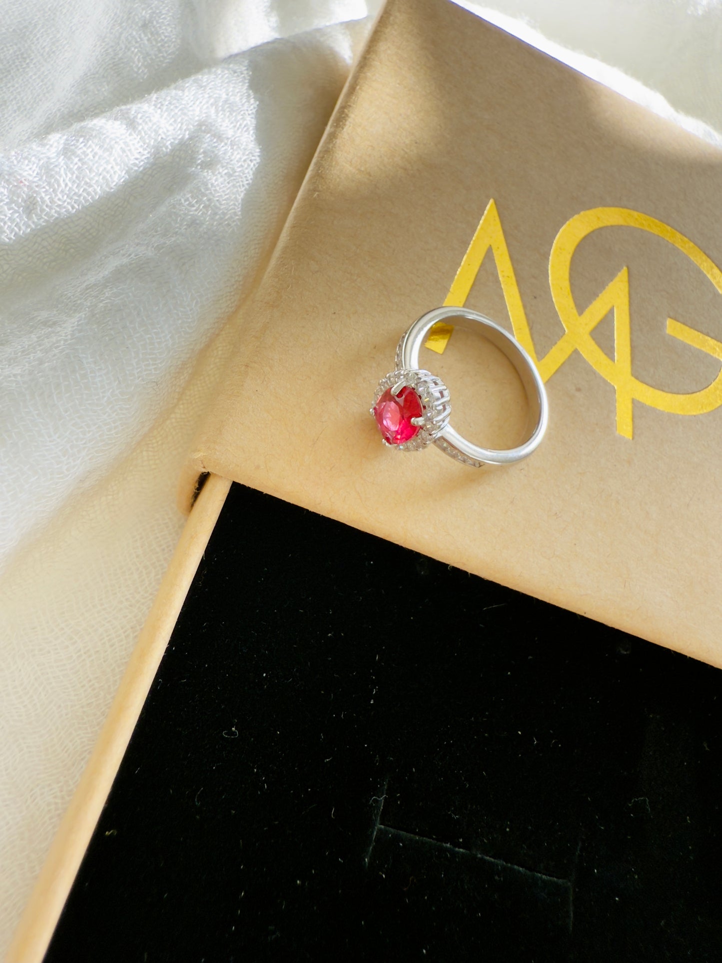 Woman's Design Red Crystal Ring Stirling Silver W/ Zircon