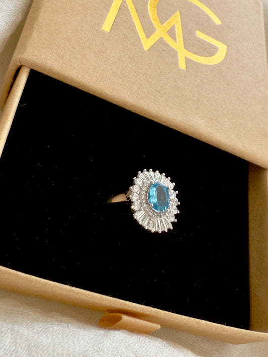 Woman's Design Blue Topaz Ring Stirling Silver W/ Zircon