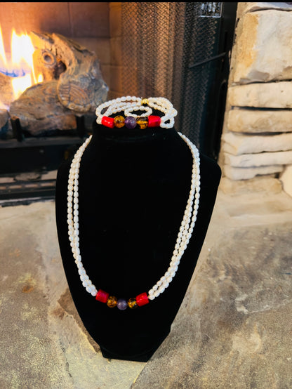 Cultured Pearl-Coral-Amber-Amethyst Jewelry Set
