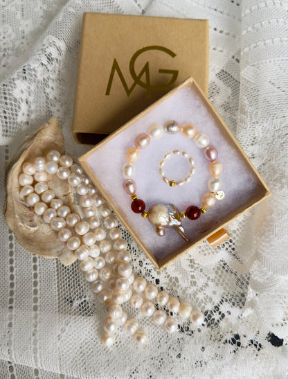 Natural Colored Pearls - Natural Amber Bracelet + Natural Pearl Ring Set