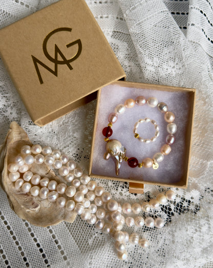 Natural Colored Pearls - Natural Amber Bracelet + Natural Pearl Ring Set