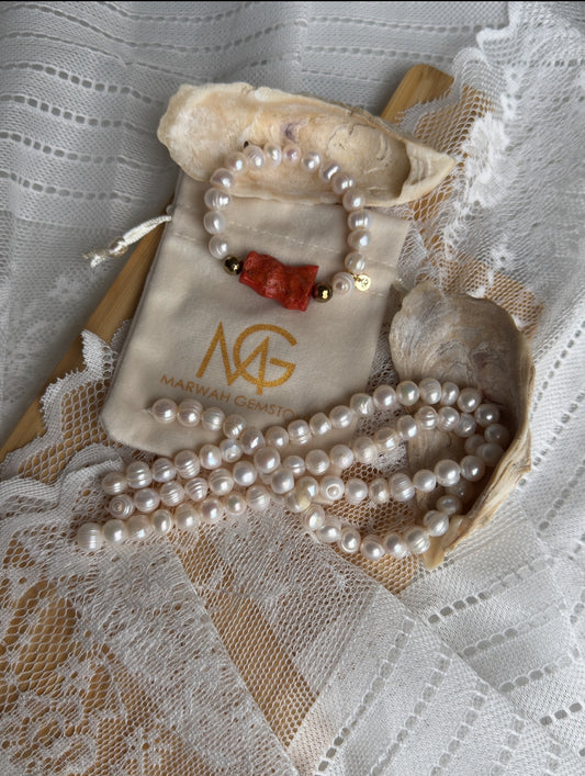 Natural Coral - Pearl Bracelet