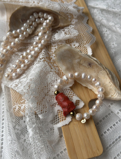 Natural Coral - Pearl Bracelet