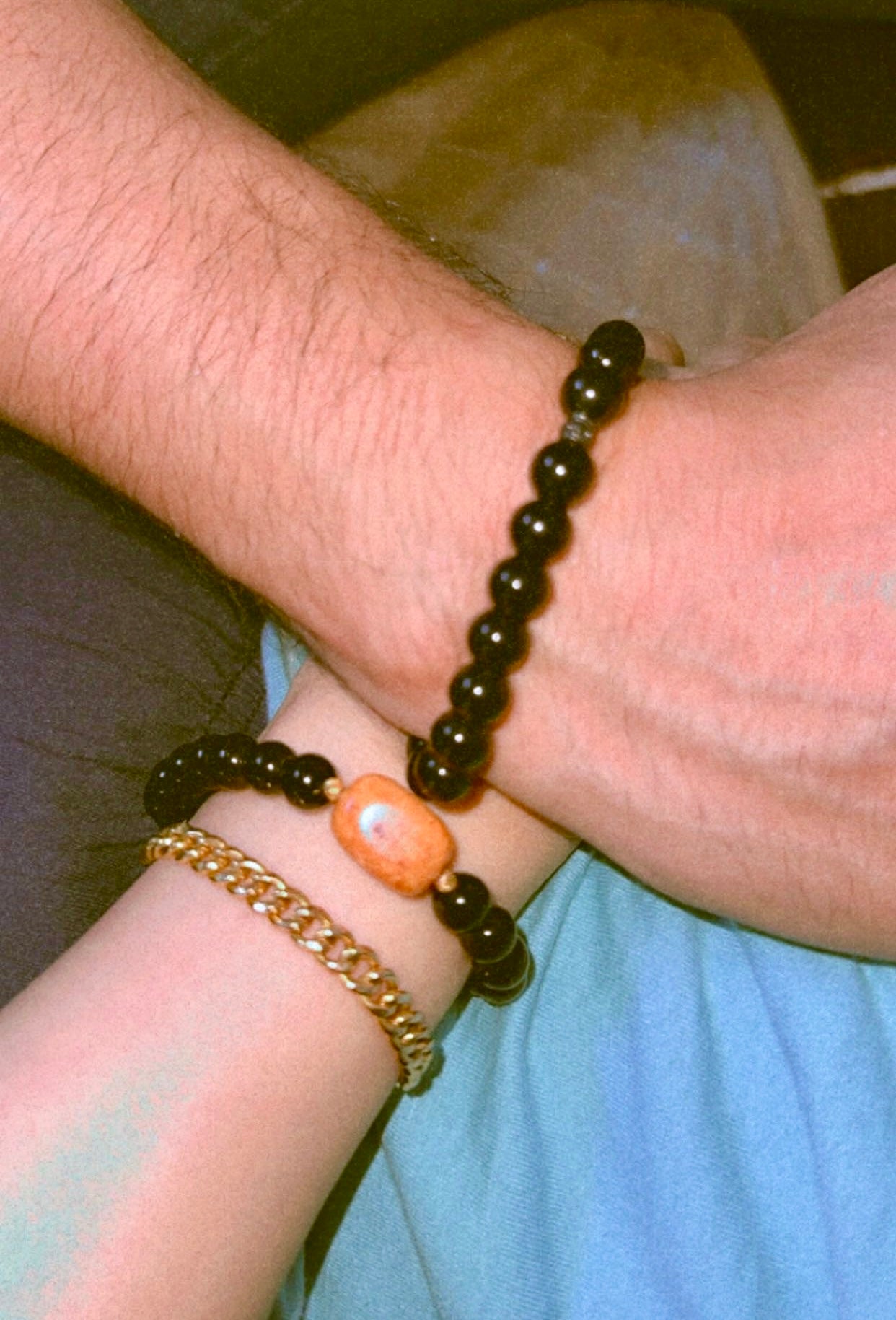 Black Agate-Raw Orange Quartz with 21-K golden spacers {Man+Woman Set}