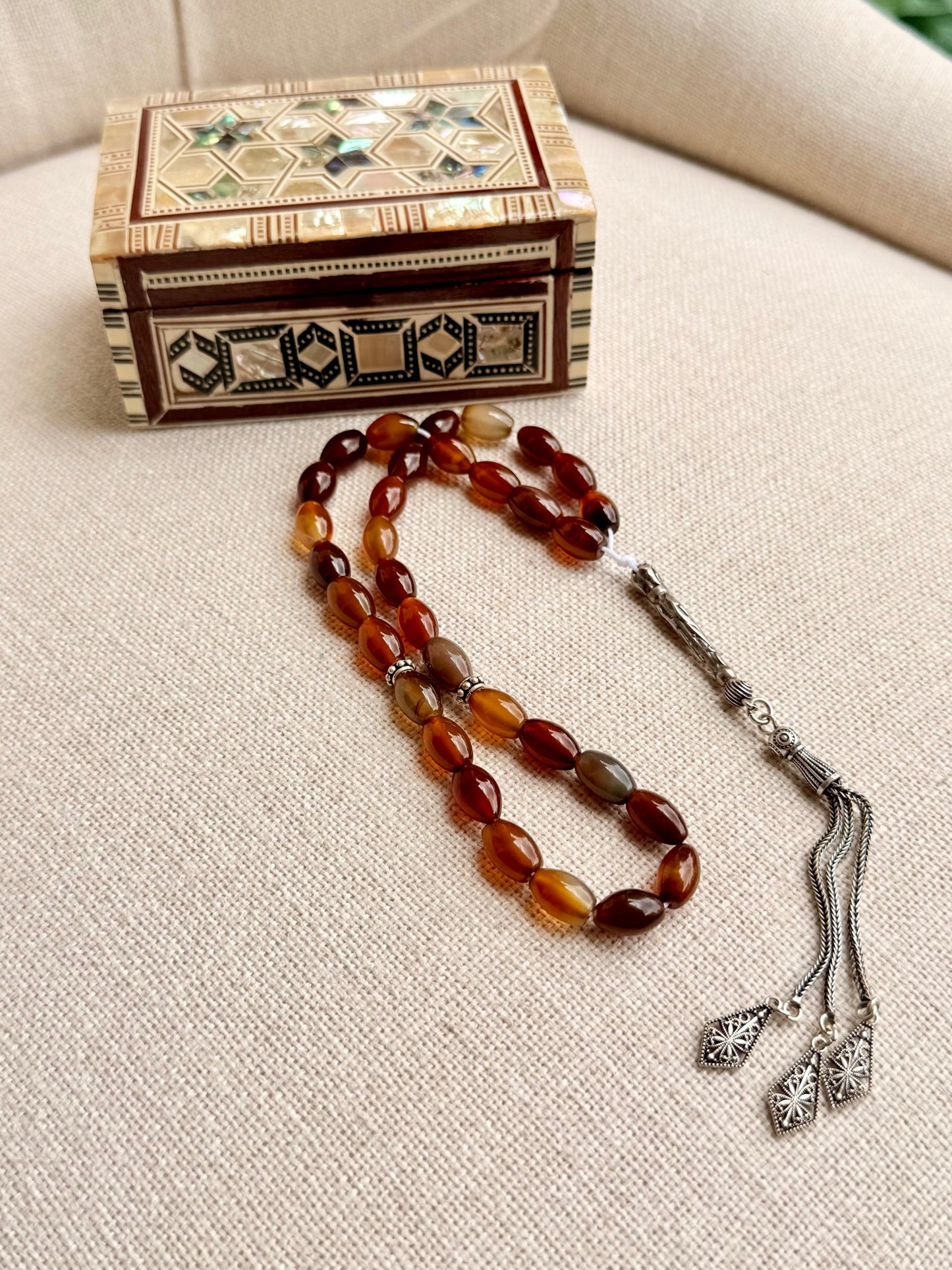 33-Bead Red Agate Misbaha with Silver 925