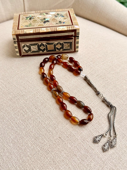 33-Bead Red Agate Misbaha with Silver 925